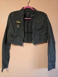 Militär Jacke Crop Armee grün Utility 100 % Baumwolle Reißverschluss Taschen Patches groß - Bild 1 von 12