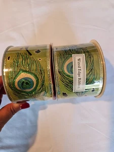 (2) Cinta con cable de Navidad plumas de pavo real verde dorado brillo 30 pies, NUEVO - Imagen 1 de 3