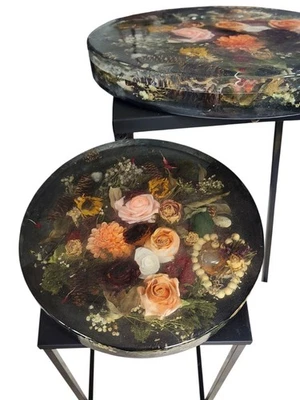 Mesa auxiliar artesanal de resina epoxi, 14" redonda floral gruesa pesada  Foto 1 de 4