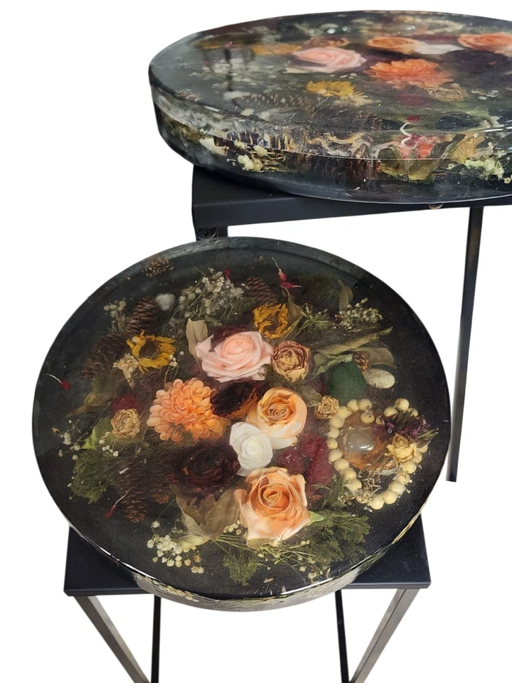 epoxy resin Table Top Handcrafted Side Table Top, 14" Round Floral Thick Heavy  - Image 1 of 4