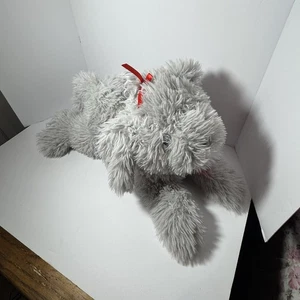 Walmart Lying Dog Plush Gray Shaggy Hair Red Bow Floppy Large 24 Inch 2 Feet - Picture 1 of 7