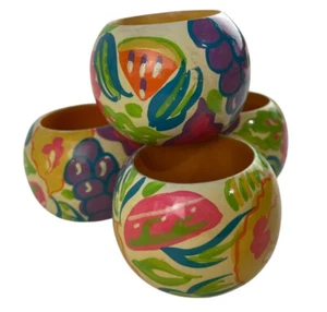 Set of 4 Hand Painted Wooden Colorful Napkin Rings Floral Spring Flowers India - Picture 1 of 15