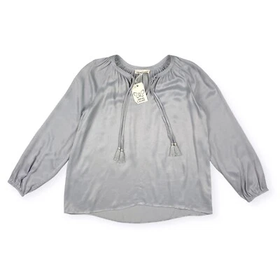 Johnny Was Calme Women's Silver Satin Viscose Peasant Blouse XS NEW Flaws - Image 1 of 4