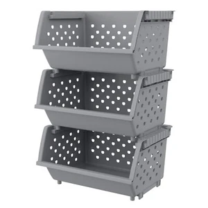 3-Pack Plastic Stacking Organizer Basket, Kitchen Stackable Storage Baskets - Picture 1 of 7