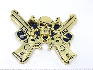 Gürtelschnalle Skelett Pirat Totenkopf gekreuzte Knochen Revolver Kurzwaffe Gold - Unikat und - Bild 1 von 12
