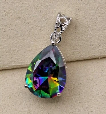 Bonito Collar Colgante Lágrima Azul Místico 16mm Lleno Oro Blanco 18K Grande Foto 1 de 4