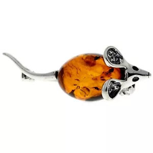 CERTIFIED 925 Sterling Silver Genuine Baltic Amber Little Mouse Brooch 4107 - Picture 1 of 32