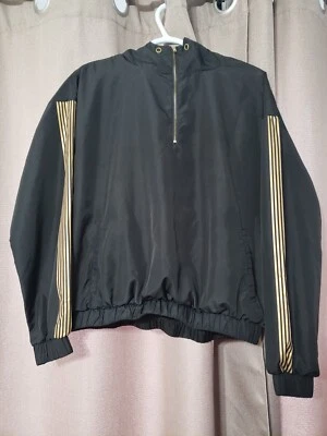 Forever 21 Windbreaker Light Jacket Black Gold Accent Hooded Half-Zip Women's M - Image 1 of 4