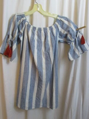 Vestido para mujer Catherine azul blanco a rayas al hombro forrado de lino mediano Foto 1 de 4