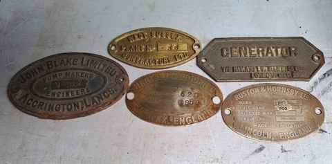 5 Different Brass Industrial Small Plaques Signs Cover