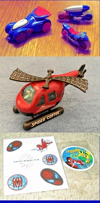 Spider Man collectibles, Micro Machines: Car, Motorcycles. Stickers. Helicopter. - Image 1 of 4