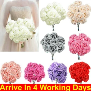 50pc Fake Artificial Flowers Foam Roses stem Wedding Bride Bouquet Party Decor - Picture 1 of 35