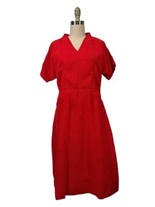 Vintage Red w/ White Dotted Swiss Dress Lined Shift Dress V Neck - Picture 1 of 13