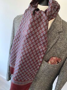 VINTAGE mens 70's MOD BURGUNDY PAISLEY PURE SILK WITH WOOL BACKING LONG SCARF