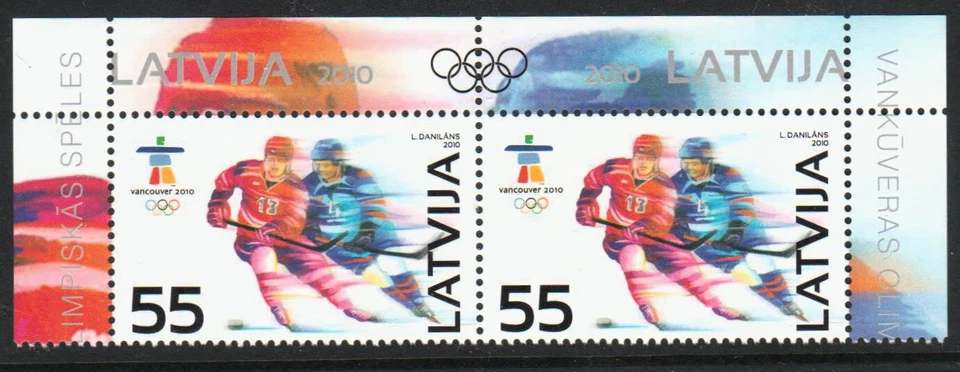 Латвия 2010 хоккей с шайбой, пара одиночных марок как новые без наклеек и следов - Изображение 1 из 1