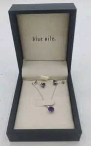 Amethyst Pendant & Earrings Set 14K White Gold Solitaire Purple Round Gemstone - Picture 1 of 24