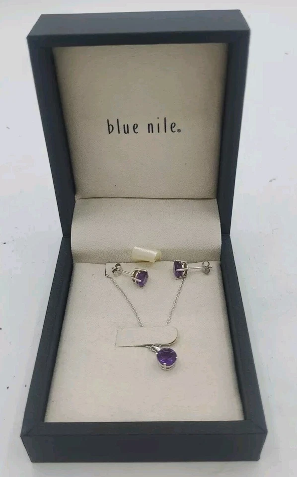 Amethyst Pendant & Earrings Set 14K White Gold Solitaire Purple Round Gemstone - Image 1 of 4