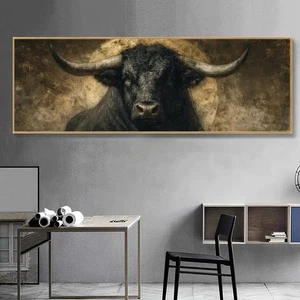 Panoramic Black Bull Art with Golden Accent Canvas Print Wall Art Home Decor - Picture 1 of 6