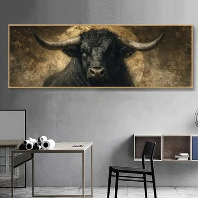 Panoramic Black Bull Art with Golden Accent Canvas Print Wall Art Home Decor - Image 1 of 4