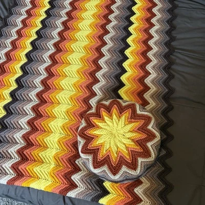 Vtg Chevron Fall Crochet Afghan  Pillow Granny Throw Handmade Blanket 40 X 72 - image 1 of 4