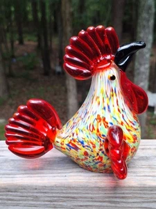 Murano-style Art Glass Rooster Red White Yellow Speckled Paperweight Sculpture - Picture 1 of 11