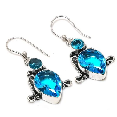 Choice Swiss Blue topaz Gemstone 925 Sterling Silver Handmade Earring 1.69 " s90 - Image 1 of 4