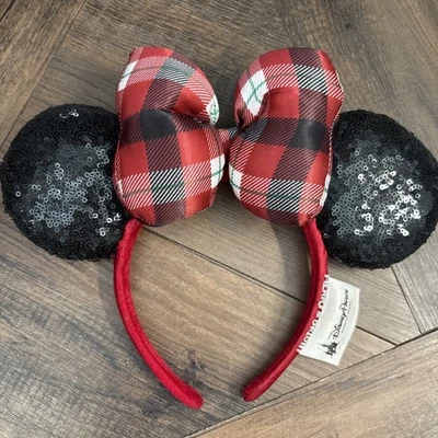 2018 DISNEY PARKS MINNIE PLAID FIOCCO NATALE PAILLETTES ORECCHIE FASCIA ALLEGRO E LUMINOSO - Immagine 1 di 4