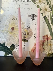 Pair VTG Floral Pink Frosted Satin Depression Glass Candlestick Holders - Picture 1 of 8