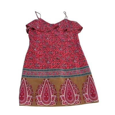 Mini Vestido Tibi Seda Rosa Estampado Paisley Para Mujer 2 Volantes Correas de Espagueti Foto 1 de 4