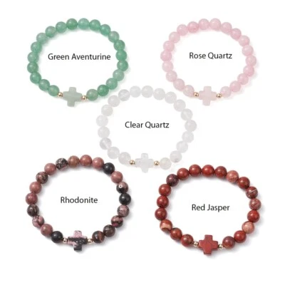 Pulseras de piedra elástica de 8 mm surtidas cuentas de piedras preciosas cruzadas curación Reiki T61 Foto 1 de 4