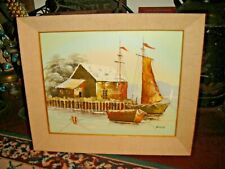 Vintage Nautical Oil Painting On Canvas Signed Kokas Boats In Water House Dock