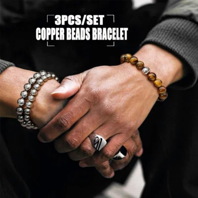 3Pcs Silver Copper Beads Stretch Bracelet 8mm Natural Tiger Eye Men Bracelets - Image 1 of 4