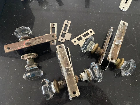 3 Antique Clear Glass Door Lock Sets , Octagon, UV Reactive Cover