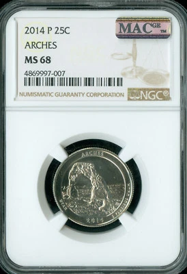 2014 P ARCHES QUARTER NGC MS68 PQ MAC FINEST GRADE SPOTLESS .  - Image 1 of 2