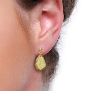 Briolette lemon topaz gemstone 925 Silver yellow gold plated drop earrings - Picture 1 of 5