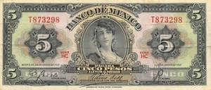 México  5  Pesos  20.8.1958  Series  HC  Prefix T  Circulated Banknote FH - Picture 1 of 2