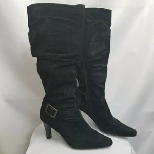 Vintage Y2K Bass Rivera Black Suede Knee High Heel Slouch Boots Glam Rock Boho 6 - Picture 1 of 10