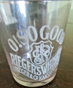 O!SO GOOD J.RIEGER'S WHISKEY,KANSAS CITY MO,ETCHED PRE-PRO SHELL SHOTGLASS RARE - Picture 1 of 8