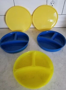 Divided Section Plates Lot of 3 Toddler Kids Boys Plastic with 2 Lids 7.25" Wide - Picture 1 of 5