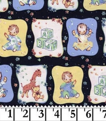 BTY Cute Babies & Giraffe Teddy Toys Black Patch Cotton Fabric by The Yard - Image 1 of 3