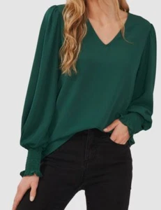 CeCe Women's Green Solid Smocked-Cuff V-Neck Charmeuse Blouse Top Size XS - Picture 1 of 2