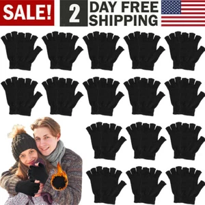 Men Women Black Knit Fingerless Gloves Half Finger Unisex Knitted Gloves Lot - Picture 1 of 20