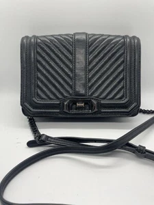 Rebecca Minkoff Chevron Quilted Leather SM Love Crossbody Hand Bag Black/Black N - Picture 1 of 15