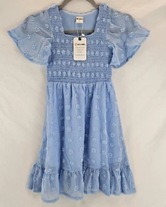 Girls Chiffon Dress Flutter Ruffle Short Sleeve Square Neck Frocks for 6-7Y Kids - Picture 1 of 13