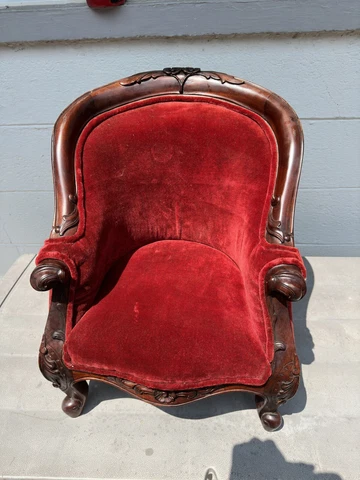VTG Antique Mohair Velvet Victorian Child or Doll Old Chair Fancy Wood Carving Cover