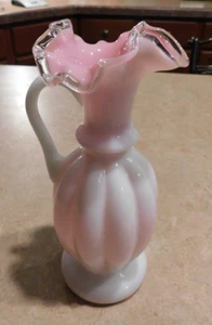 Fenton Melon Pitcher White Milk Glass Pink Underlay Silvercrest Ruffled Rim 9" - Picture 1 of 7