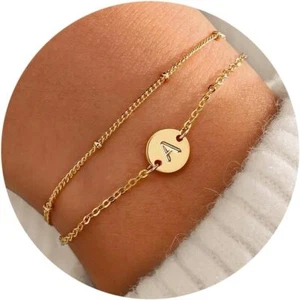 Gold Initial Bracelets for Girls Women Christmas Gifts - Dainty Plated Layered - Picture 1 of 4