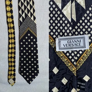 Vintage GIANNI VERSACE Necktie Black White Gold Silk Tie Made In Spain Mens - Picture 1 of 10