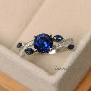 2.12CT Round Cut Real Blue Sapphire Leaf Engagement Ring 14K White Gold FN - Picture 1 of 5