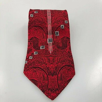 Rafael Rome New York Red Black White Paisley Geometric Design Silk Men's Tie - Image 1 of 4
